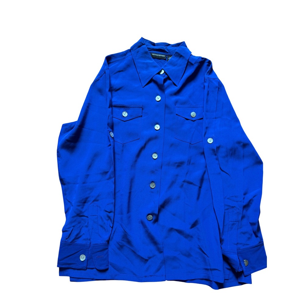 Sutton Studio Royal Blue 100% Silk Button Down Blouse Long Sleeve Shirt M